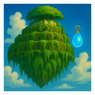 Add the princess's flying stone (levitation crystal) from 'Le Château dans le Ciel' to the scene, glowing and floating near Laputa, in the same Ghibli cartoon style. Do not include the princess. sticker