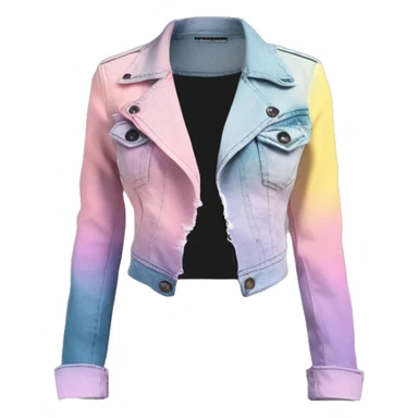 Realistic isolated side view of a pastel purple,dark turquoise ,pastel yellow and pastel pink ombre open military bolero fashion jacket with yellow cut out top underneath it and ripped denim jegging pants. sticker