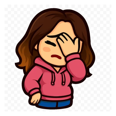 Sticker style chibi emote, matching the attached green heart emote as a base, but with a slightly skinnier body and a bigger chest. Woman from reference, pink hoodie and blue jeans, facepalming, cute embarrassed face, no headband, no wand, transparent background. Top color should not match jeans. sticker