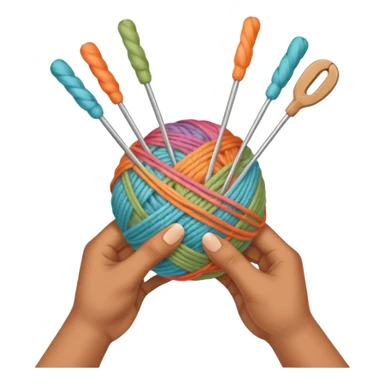 hands holding 2 knitting needles (1 on the right hand and another one on the left hand) with a ball of knitting thread (without a person's face) sticker