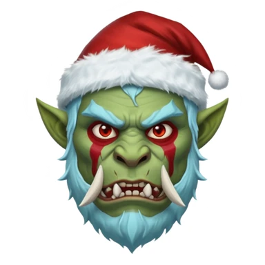 Fantasy orc portrait emoji, Santa Claus hat adapted for orc head with tusks, icy blue and deep red frost war paint on face, brutal winter warrior mood, strong facial features, minimal tribal design, clean high readability emoji style, male/female variant
 sticker