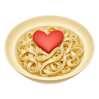 loose tangle of pale yellow cooked noodles with soft glossy texture and natural curves, strands slightly twisted and overlapping, freshly prepared dish, no bowl chopsticks or sauce, soft lighting, subtle shadows, emoji scale, make the noodles heartshaped and add tiny red hearts on the noodles sticker