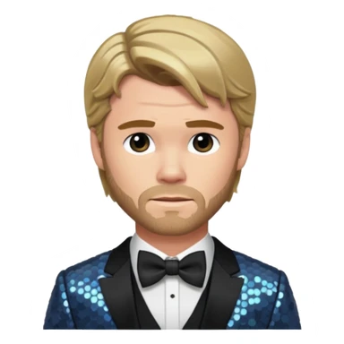 Chris Hemsworth with dark blonde hair, slate sequin suit with bow tie sticker