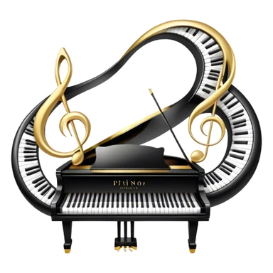 Create an elegant and festive emoji collage representing keyboard instruments, styled like a heraldic emblem. The design should feature a central focal point of black and white piano keys, arranged in a semi-circular or shield-like shape. Around the piano keys, add intertwining musical notes that form flowing ribbons, creating a dynamic and celebratory atmosphere. The design should be professional, with polished silver and gold accents on the keys and notes, highlighting the luxury and sophistication of the instruments. Add subtle shading and lighting effects to give the design a refined, 3D appearance. The background should remain transparent, and the overall feel should evoke grandeur, artistry, and a sense of celebration. sticker