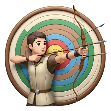 An archer pulling back a bowstring, aiming at a target in the distance. The target features concentric rings, and the scene conveys focus and precision. The background captures the essence of an outdoor archery range, highlighting skill and concentration in the sport. sticker