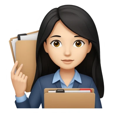 a light tan woman with long black hair past mid-back, round brown eyes and manila folder in her hands sticker