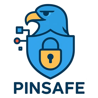 abstract professional eagle logo for digital security agency Pinsafe, stylized with geometric digital motifs, incorporating shield and lock elements, modern trustworthy color palette, evoking cybersecurity national protection professionalism sticker