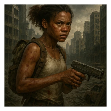 Add a city ruins background behind the African American masculine girl in zombie apocalypse style. She has a scar, wears a white tank top, a backpack, and carries a gun. Preserve all character details. The style should reflect a zombie apocalypse atmosphere. sticker