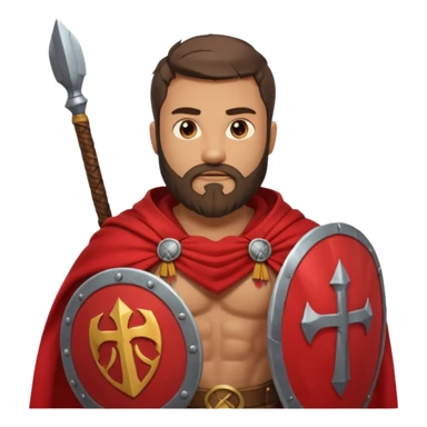 An emoji portrait of a Spartan warrior. He has a determined expression and a beard. He wears a red cloak and holds a shield with a lambda symbol. sticker