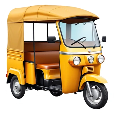 Cinematic Realistic Tuk Tuk Emoji, depicted as a vibrant iconic three-wheeled vehicle with bold colors and a compact design, rendered with crisp textures and dynamic urban lighting that captures its quintessential Thai charm. sticker