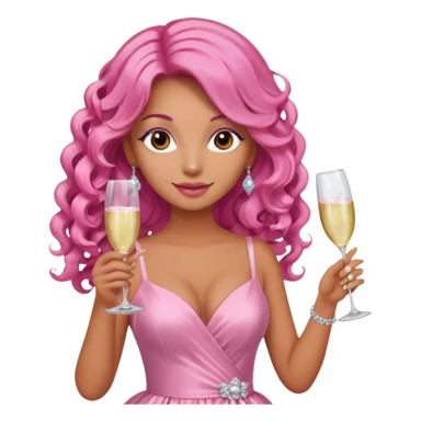 One lady with long pink curled hair and tan skin holding two pink champagne glasses sticker