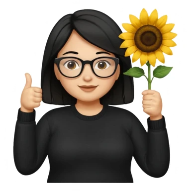 Make my biology teacher shes light brown, wears glasses, female, fat, all black sweater down and sunflower shirt under and make her give 1 thumbs up and she has black hair and chubby sticker