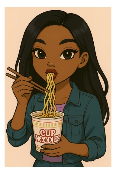 Remove any winking, keep both eyes open, eating a cup of noodles with chopsticks, headshot only, 20-year-old anime Bratz style woman with dark skin, straight hair, trendy outfit, big expressive eyes, glossy lips, no hat, no tears, happy expression, looking straight ahead. Maintain the anime Bratz style and the described features. sticker