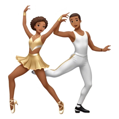 Icon for Sports Dance: a couple performing an energetic and synchronized dance, dressed in competitive dance attire, dance shoes, a rhythmically placed dance floor, and a competition backdrop. The icon should capture the athleticism, technique, and precision of sports dance. Transparent background. sticker