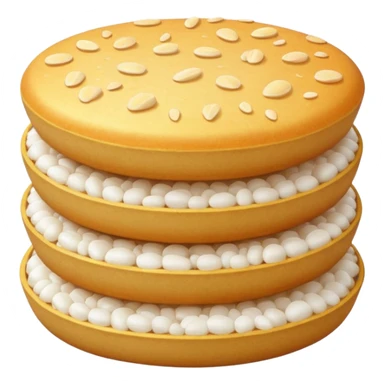 round airy rice cake with lightly puffed bubbled texture, pale off-white color, slightly uneven surface with hints of toasted golden grains, small stack or single crisp, light crunchy appearance, soft lighting, subtle shadows, emoji scale sticker