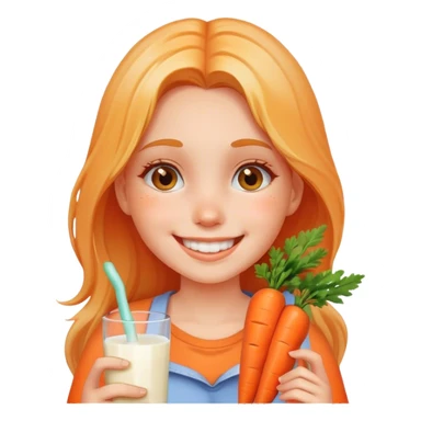 Girl smiling holding carrot milk on her face sticker