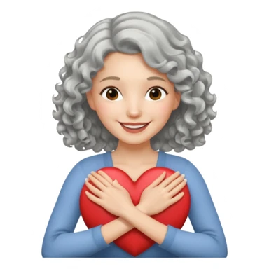 Silver hair, wavy/curly hair chin-length lady giving hug with 2 arms,  v-neck and smiling, add a heart sticker