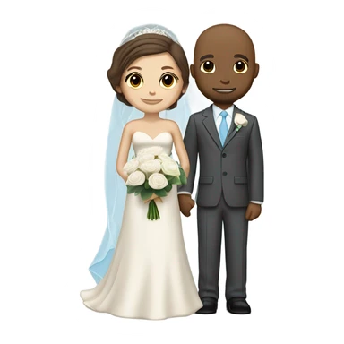 Light skin color grown wedding couple. Bride have short brown hair, she is wearing a long veil and is holding a white rose bouquet. The grown groom have also brown hair and is wearing a cream suit with a sky blue tie and breast pocket with a boutonniere sticker