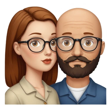Couple. Bald man with dark brown-black beard. White woman with many small, faded freckles, she has white skin and she has auburn-brown-cinnamon, dark long hair. She has light brown eyes. The man have hazel eyes and glasses. She have light eyes. Retro style. She kisses him. sticker