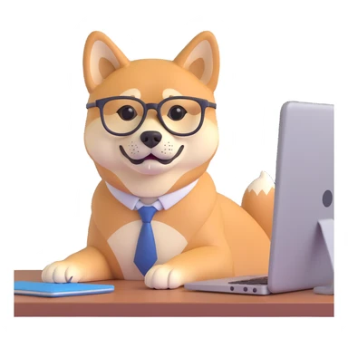 shiba inu with eye glasses and computer sticker