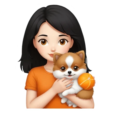 A black haired girl with holding a pomeranian puppy sticker