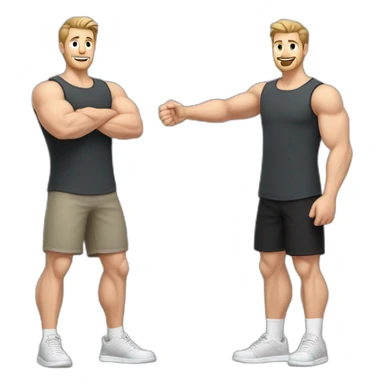 Full height Actively gesturing with hands Pale skinned Fit Man With the biceps and light brown hair with Bristle in dark gray Sleeveless Mike, black oversize sports shorts and white Sneakers sticker