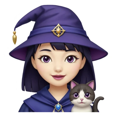An Asian short-haired girl with short raven hair and bangs, with heterochromia eyes(her left eye is silver coloured and her right eye is dark brown coloured), cat-eyed eyeliner, and laughs with a tiny fang of mauve-toned lipstick, wears a dark navy wizard hat with an emblem on it. sticker