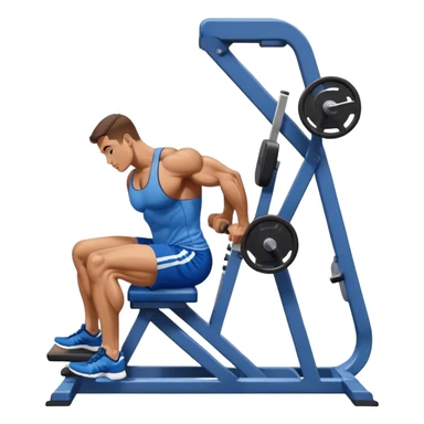 side-view bodybuilder in blue shorts seated weighted calf-raise machine lower leg exercise sticker