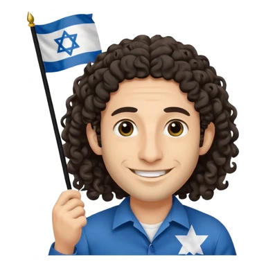 jewish jew man's face, wearing a tiny black kippah and 2 curly long hair strands near the ears, big nose, only face, no body, no mustache, holding israel flag sticker