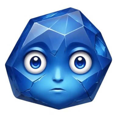 A single sapphire-blue faceted rock head, chunky and worn, with very visible big cracks and chipped facets but still shiny, big kind eyes sticker