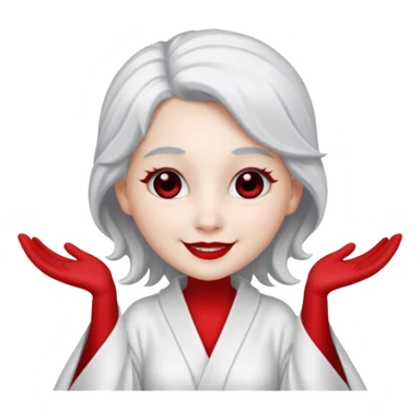 vull un perosnatge estil bimoji que sigui com una nimfa bella i fantasmal amb túniques blanques. Té la pell literalments blanca com el guix, cabell platejat, un nas llarg, ulls negres grans i llavis carmesí. que estigui somrient sense arrecades i vestimenta vermella i blanca sticker