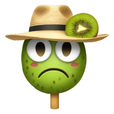 A kiwi fruit with a straw hat sticker
