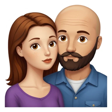 Couple. Bald man with dark brown-black beard. White woman with many small, faded freckles, she has white skin and she has auburn-brown-cinnamon, dark long hair. She has light brown eyes. The man have hazel eyes. Retro style. She kisses him on the cheek. sticker