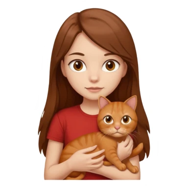 brunette girl with long hair and brown eyes in a brown T-shirt with a British red cat sticker