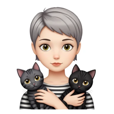 Girl with short pixie cut holding three cats, one black cat, one grey cat, and one grey-striped cat sticker