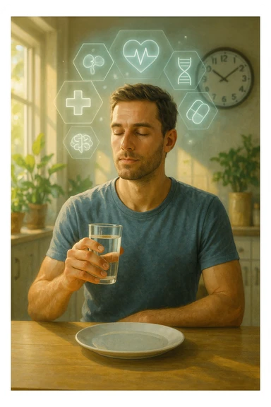 A realistic, cinematic illustration of a healthy, calm man in his early 30s sitting in a bright kitchen in the morning, with an empty plate in front of him and a glass of water in his hand, looking serene and focused. Behind him, the background shows subtle symbols of health: green plants, sunlight streaming in, and a blurred wall clock showing 10:00, symbolizing the fasting window. Above the man, a translucent overlay of medical icons (heart, brain, DNA strand) glows softly, illustrating that intermittent fasting acts as a powerful medicine, not merely a diet. The color palette is fresh and natural, emphasizing health, clarity, and focus. The style is realistic with slight cinematic tones, conveying that the man is using intermittent fasting as a tool for cellular regeneration, inflammation reduction, and health optimization rather than weight loss sticker