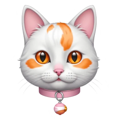 White cat with gray lines on the forehead, orange spot on the nose, collar with a pink bell sticker