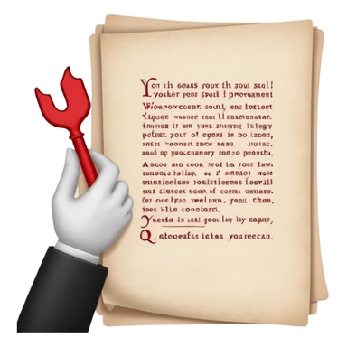Minimalist emoji-style sticker of a pale hand signing a parchment contract titled “YOUR SOUL” in gothic font, muted red ink, grayscale background sticker