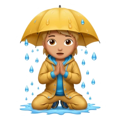 Character kneeling as rain hits the ground, one drop splashing exaggerated sticker