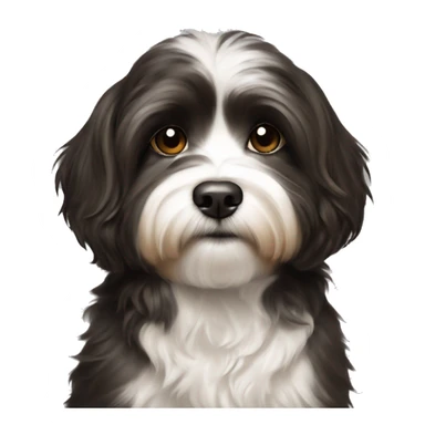 young female artist tan with long dark brown hair painting black+white havanese on a canvas sticker