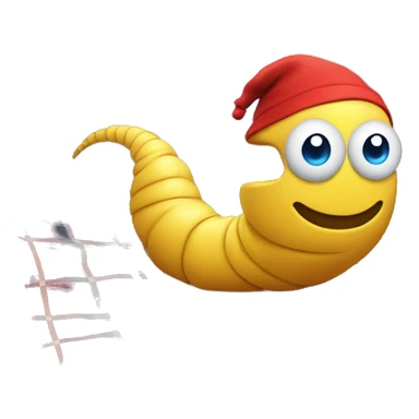 a yellow worm with blue eyes, long, with a gray cap, basking at the oyster in the forest, sitting on a red blanket  sticker