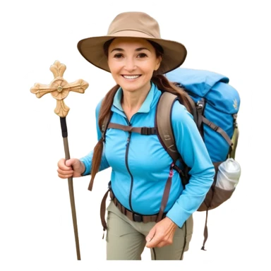 Middle aged women, long brown hair in ponytail with wide brim hiking hat. Walking with backpack and trekking poles. Backpack gas a scallop shell with the cross of saint james hanging from it. She is a pilgrim on the Camino Frances on her way to Santiago de Compostela sticker
