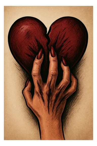 женская рука с маникюром вгоняет когти в винного цвета сердце и сильно раздирает царапает его (пальцы полусогнуты ногти вогнаны в царапины) рисованный стиль, ориентируйся на референсы по стилю и по уровню разодранности серца sticker