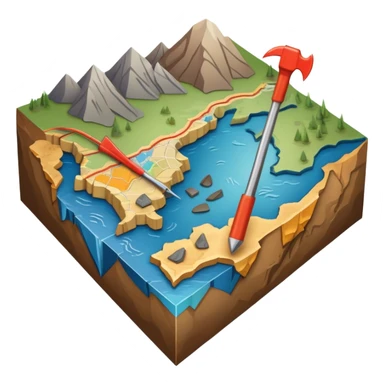 An icon featuring a crowbar and a geological map, and layers of Earth’s crust, symbolizing geology. The design includes mineral samples, fossils, and tectonic plates, representing the study of Earth’s structure and natural processes. Transparent background highlights geological exploration sticker