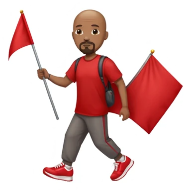 Bald black man with a white goatee in sneakers carrying a red flag sticker