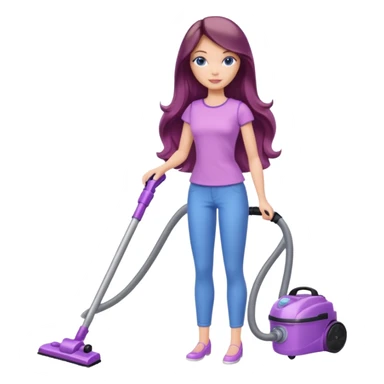 beautiful barbie girl with long brown hair, blue eyes and wearing light purple clothes, cleaning and vacuuming sticker