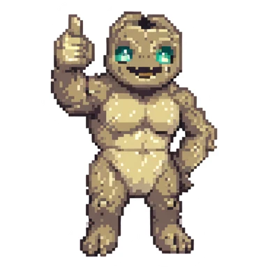 pixel art Geodude with one arm raised in a thumbs up, classic video game style sticker