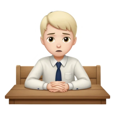 an anxious boyin school uniform sitting in front of a table sticker