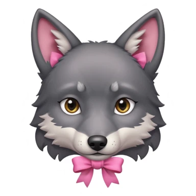 Pleading sad Face cute dark grey wolf with a pink ribbon io his ear head sticker