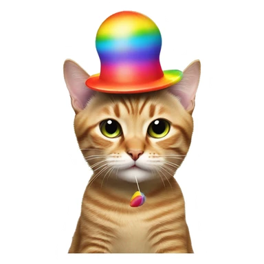 cat wearing a silly rainbow hat with a propeller licking a rainbow lollipop sticker